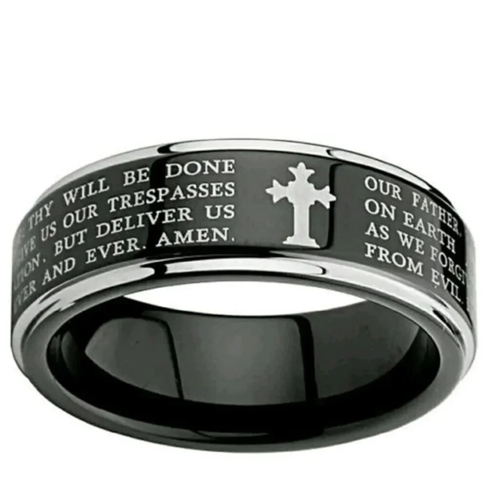 8mm  Lord's Prayer Step Edge Men's Tungsten Band